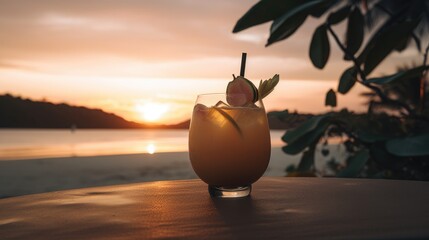 Tropical Sunset Cocktail with Mango, Passionfruit, and Guava, AI-Generated
