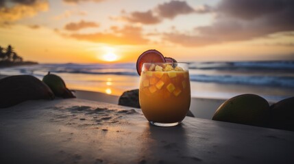 Sunset Serenade: Mango, Passionfruit, and Guava Cocktail on the Beach, AI-Generated

