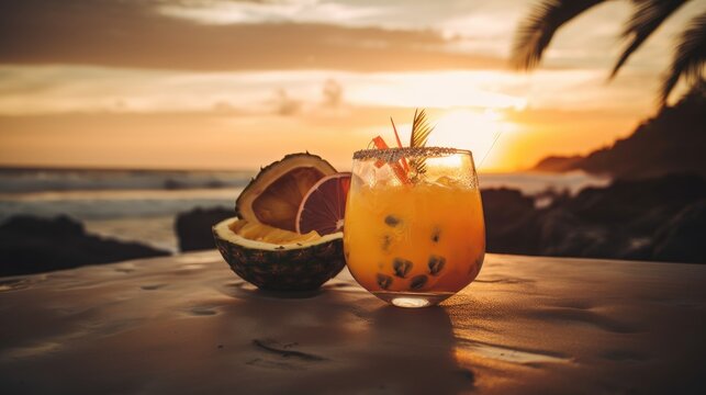 Beach Breeze: Mango, Passionfruit, and Guava Cocktail at Sunset, AI-Generated
