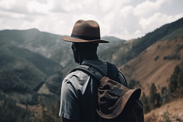 Fototapeta na wymiar Unrecognizable black male traveler in hat and with backpack standing on peak in mountains, rear view. Hike, travel, active lifestyle, tourism, trip concept. Generative AI