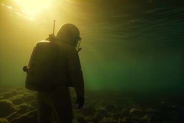 Deep sea diver. Underwater scene. Scuba. Pressure suit. 
