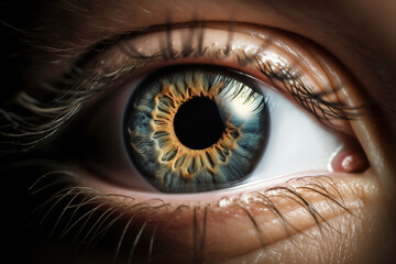 Macro caucasian human eye, iris pupil looking at camera. Vision optical concept. Generative AI