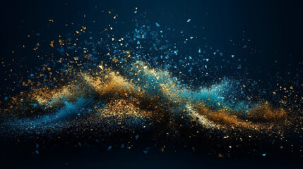 Fototapeta na wymiar Abstract background of blue gold shimmer glitter splash. Generative AI