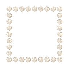 Square seashells frame. Sea and ocean design vertical template. Vector illustration summer or beach party advertising design