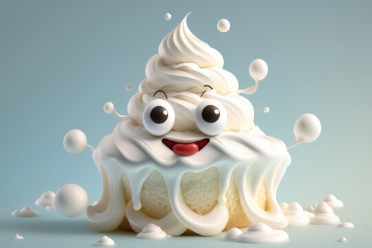 Cute whipped cream kawaii character. White creamy ice cream kid with big eyes and vanilla sponge. Cartoon smiling dessert. 3d render illustration. Generative AI art.
