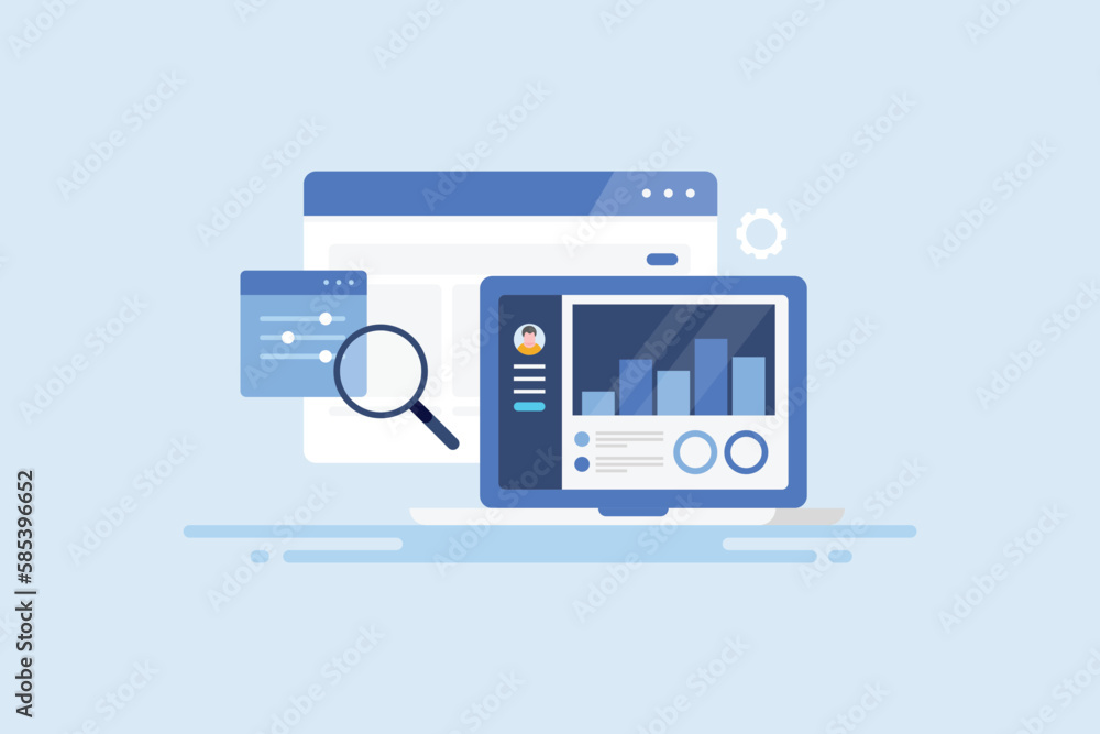 Aufkleber data and information displaying on web page laptop screen seo marketing advertising analytics vector