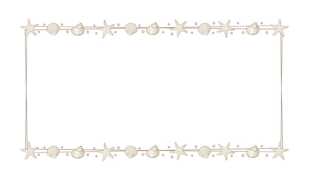 Rectangle seashell frame. Sea and ocean design vertical template. Vector illustration summer or beach party advertising design