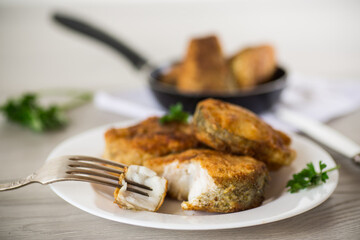 A piece of hake fish fried in a crispy crust, in a plate.