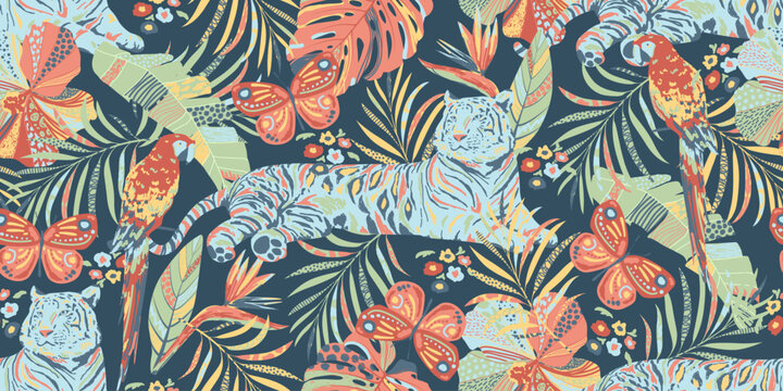 Colorful exotic seamless pattern, wallpaper, fabric print design. Tropical leaves, flowers, tiger, parrot, butterfly abstract endless background. 