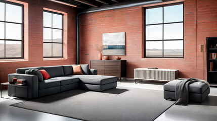 The modern interior of the living room is decorated with an industrial loft style design with sunlight through large panoramic windows. Generative AI.