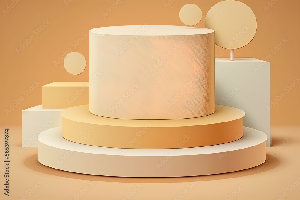 Poster white pedestal with stacks of products isolated on a cream backdrop generative ai