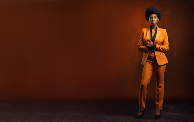 Women in a business suit standing on orange background with copy space for text. Black history month, ultra wide banner Generative ai	