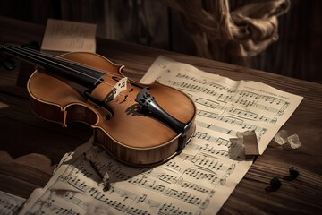 Naklejka premium Classic retro violin music string instrumt with old music note sheet paper old oak wood wooden background. classical musical romantic valentines day concept. , Generative AI