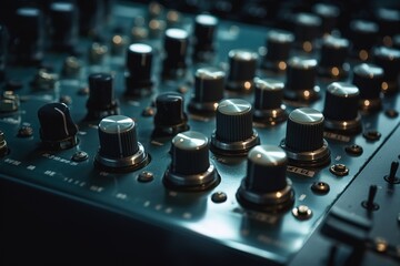 Od adjusters and red buttons of a mixing console. It is used for audio signals modifications to achieve the desired output. Applied in recording studios, broadcasting, television. , Generative AI