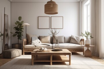 Beige couch, wooden coffee table, and lamp living room design. Interior design. Generative AI