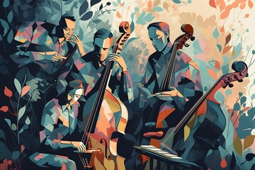 Jazz quartet. Musicians performing music on abstract floral background. , Generative AI - obrazy, fototapety, plakaty
