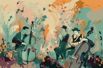 Jazz quartet. Musicians performing music on abstract floral background. , Generative AI