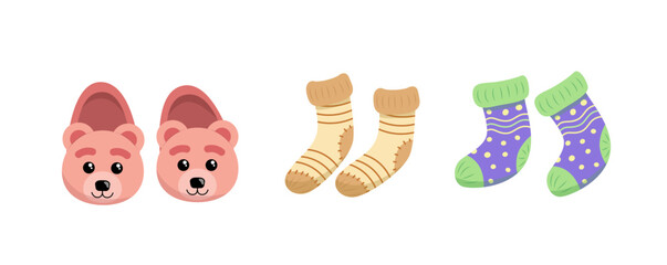 Set of warm socks and slippers. Bear slippers. Flat, cartoon, vector