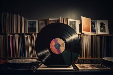 Vinyl record in front of a collection of albums, vintage music concep - obrazy, fototapety, plakaty
