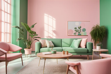 Modern living room with green sofa and pink walls. Genetive AI