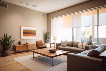 Modern living room in beige colors. Genetive AI