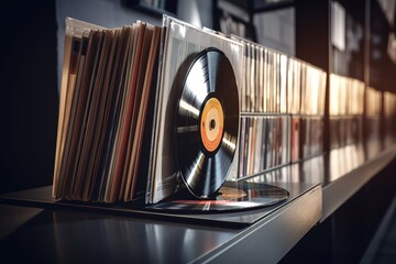 Vinyl record in front of a collection of albums, vintage music concep