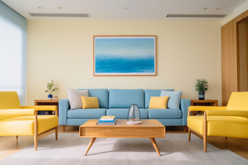 Fototapeta premium Modern living room with blue sofa and yellow walls. Genetive AI