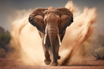 Elefante corriendo a toda velocidad y levantando arena - obrazy, fototapety, plakaty