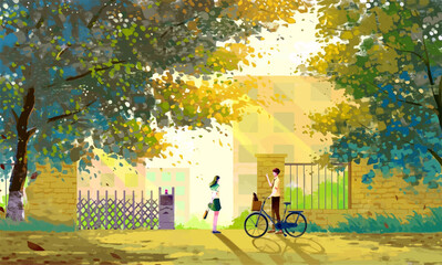 A couple stands in front of a gate of building in a field with lush green trees and grass. They hold a bicycle while talking.Boy is droping the girl at home after school saying goodby