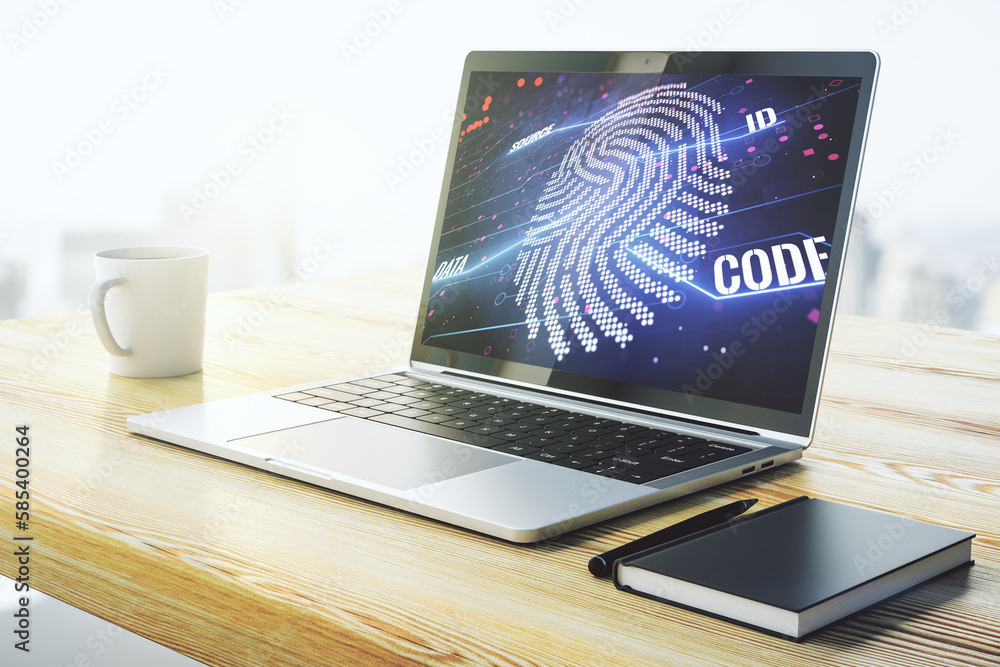 Leinwandbilder computer monitor with abstract creative fingerprint illustration, personal biometric data concept. 3