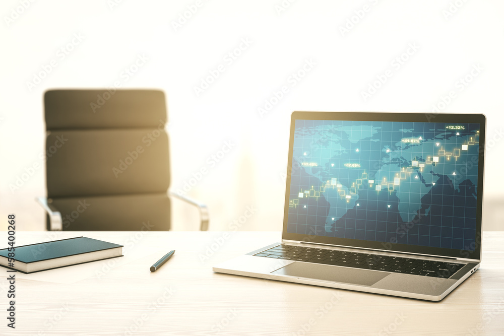 Poster modern computer display with abstract financial graph with world map, financial and trading concept.