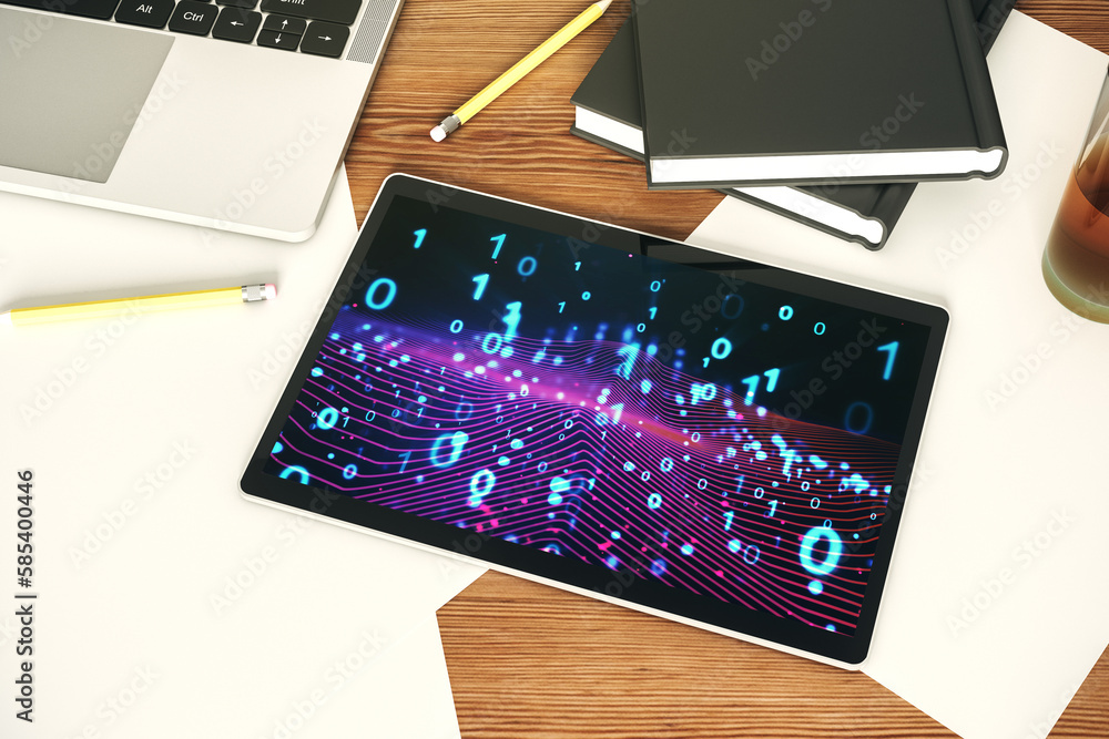 Fototapete creative abstract binary code hologram on modern digital tablet display, ai and machine learning con