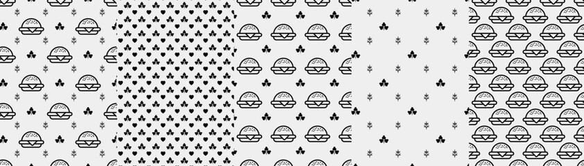 Burger seamless pattern. Hamburger motif. Fast food line emblem ornament