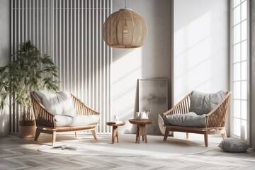 Boho interior with white slat and gray chairs. Generative AI