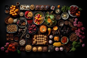 Obraz na płótnie Canvas Knolling Gourmet Food - Generative AI Illustration of Food Cuisine Collection