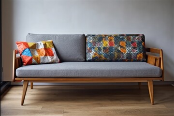 Midcentury contemporary grey futon with multicolored sofa cushions. Generative AI