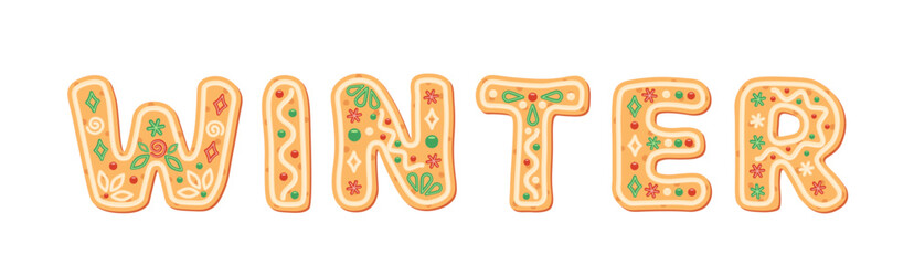 Word winter of gingerbread letters. Cookie lettering. Gingerbread font. Vector