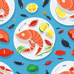 Seafood, tiles pattern texture seamless illustration flat