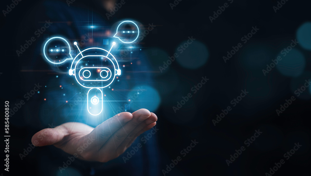 Poster businessman holding artificial intelligence digital chatbot icon with message for ai innovation tech