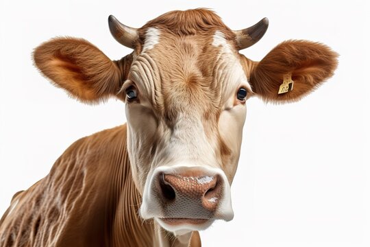 AI spotted cow looking at camera against white background, Generative AI
