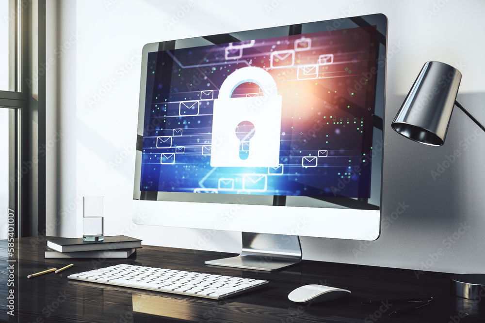Poster Creative concept with lock symbol and postal envelopes illustration on modern laptop screen. Protection and firewall concept. 3D Rendering