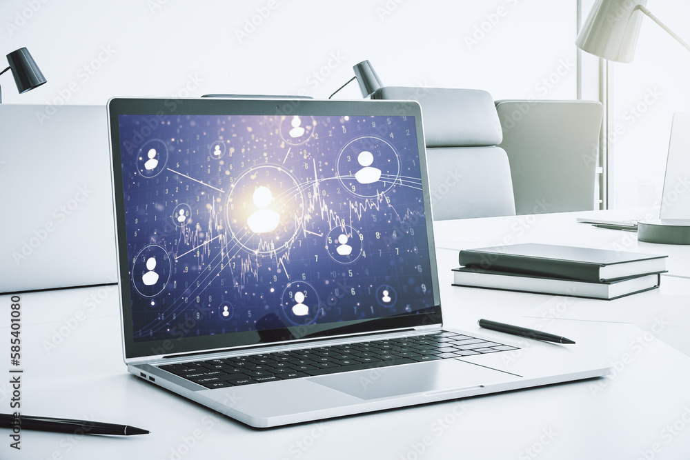 Poster modern computer display with social network icons concept. networking concept. 3d rendering