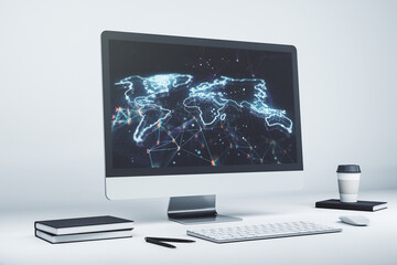 Fototapeta premium Modern computer monitor with abstract digital world map, research and strategy concept. 3D Rendering