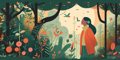 A person walking in a garden with eyes closed, listening to the sounds of nature. The illustration could show flowers, trees, and birds. practicing mindfulness meditation. Generative AI.