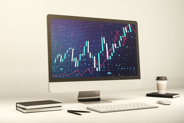 Abstract creative financial graph on modern laptop monitor, forex and investment concept. 3D Rendering