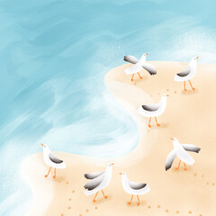 Seagulls at the beach, vacation illustration