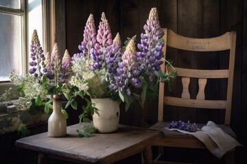 Lupine flowers in rustic room. Countryside summer decor. Lupin bouquet and scissors on wooden country chair, picking wildflowers. Generative AI