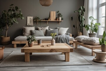 Wooden tables with cushions and plant in scandi living room with grey couch. Real picture. Generative AI