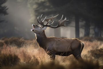 Red deer( Cervus elaphus) stag calling during rut, , Generative AI