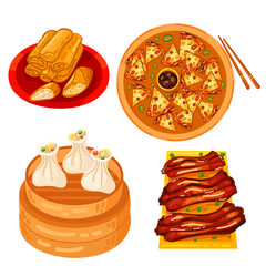 Chinese food set menu isolated on white background illustration vector. (Spring Rolls, Dim Sum, Wonton, Chow Mein, Sweet and Sour Chicken, Peking Duck).